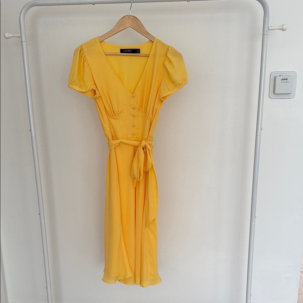 Ralph Lauren Yellow Wrap Midi Dress with Puff Cap Sleeves